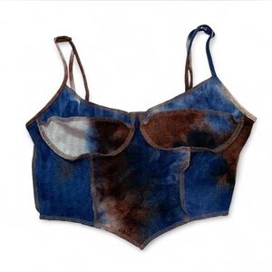 Brown, Blue & White Tie Dye Overlocked Edge Crop Top